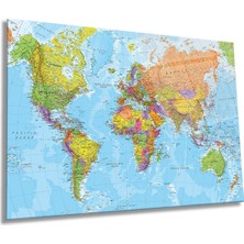 Klasik Mavi Dünya Haritası Yatay Cam Tablo, Coğrafya, Ev ve Ofis Duvar Dekoru, Lüks Hediyelik