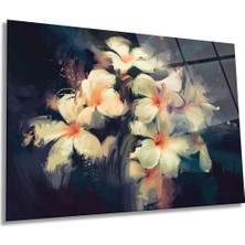 Turuncu Detaylı Çiçekler Yatay Cam Tablo, Doğa, Ev ve Ofis Duvar Dekoru, Lüks Hediyelik