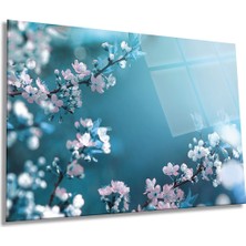 Beyaz Bahar Çiçekleri Yatay Cam Tablo, Doğa, Ev ve Ofis Duvar Dekoru, Lüks Hediyelik