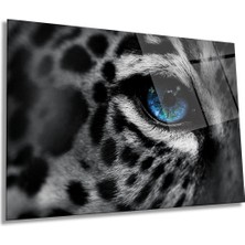 Mavi Gözlü Leopar Hayvan Portresi Yatay Cam Tablo, Ev ve Ofis Duvar Dekoru, Lüks Hediyelik