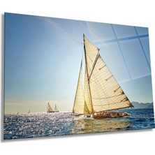 Denizde Yelkenli Yatay Cam Tablo, Modern, Ev ve Ofis Duvar Dekoru, Lüks Hediyelik