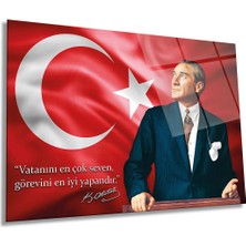 Türk Bayrağı ve Atatürk Yatay Cam Tablo, Vatanını En Çok Seven Görevini En Iyi Yapandır, Hediyelik