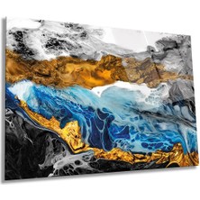 Mavi Gold Detay Mermer Görünümlü Yatay Cam Tablo, Renk Sanatı, Ev Ofis Duvar Dekoru, Lüks Hediyelik