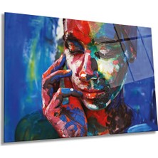 Rengarenk Boyalı Kadın Yatay Cam Tablo, Cesur Sanat, Ev ve Ofis Duvar Dekoru, Lüks Hediyelik