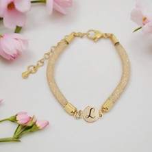 Altın Plakalı 14 Ayar L Harfine Özel Hasır Kordonlu Yuvarlak Motifli Hediye BILEKLIK-404HARF