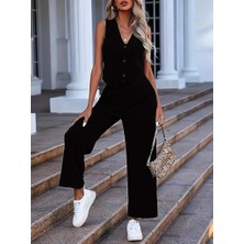 Ag Shoppings Kadın Kolsuz V Yakalı Önden Düğmeli Ithal Krep ve Pantolon Ikili Takım