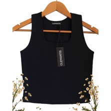 Clemantıs Kadın Kaşkorse Kumaş Askılı Kare Yaka Crop Bluz Düz Renk
