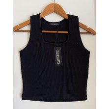 Clemantıs Kadın Kaşkorse Kumaş Askılı Kare Yaka Crop Bluz Düz Renk