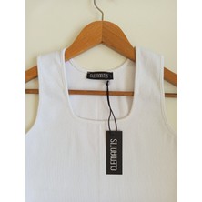 Clemantıs Kadın Kaşkorse Kumaş Askılı Kare Yaka Crop Bluz Düz Renk