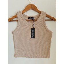 Clemantıs Kadın Kaşkorse Kumaş Askılı Crop Bluz Düz Renk