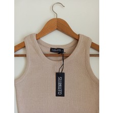 Clemantıs Kadın Kaşkorse Kumaş Askılı Crop Bluz Düz Renk
