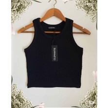 Clemantıs Kadın Kaşkorse Kumaş Askılı Crop Bluz Düz Renk