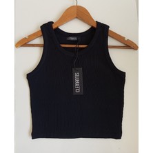 Clemantıs Kadın Kaşkorse Kumaş Askılı Crop Bluz Düz Renk
