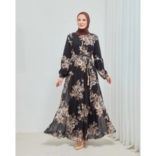 Yaprak Desenli Zarif ve Şık Uzun Boy Büyük Beden Astarlı Şifon Elbise