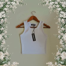 Clemantıs Kadın Kaşkorse Kumaş Askılı Crop Bluz Düz Renk