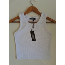 Clemantıs Kadın Kaşkorse Kumaş Askılı Crop Bluz Düz Renk