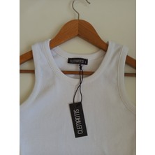 Clemantıs Kadın Kaşkorse Kumaş Askılı Crop Bluz Düz Renk
