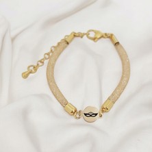 Altın Plakalı 14 Ayar Balmaske Temalı Hasır Kordonlu Yuvarlak Motifli Hediye BILEKLIK-404SEMBOL