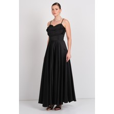 Dans Kadın Askılı Kloş Saten Kumaş Maxi Abiye Elbise 1795 Siyah