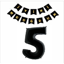 5 Yaş Siyah Folyo Balon+ Siyah Gold Banner