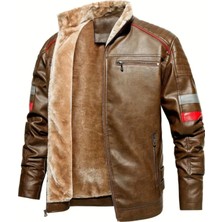 Içi Kürklü Kolları Yatay Kırmızı ve Gri Çizgili Mont