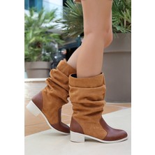 Beyaz Tabanlı Kahverengi Detaylı Körüklü Çizme Süet Taba Topuk Boyu 3 cm