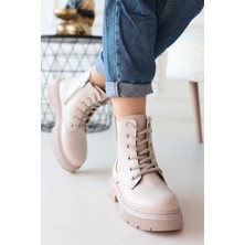 Yandan Fermuarlı Lastikli Bağcıklı Topuklu Bot Cilt Bej Topuk Boyu 3 cm