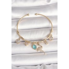 Pirinç Gold Renk Zirkon Taşlı Sallantı Filamingo Figür Charm Kadın Bileklik