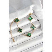 316L Çelik Sedefli Zümrüt Yeşil Gold Renk Yonca Kadın Bileklik