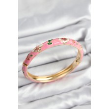 Mineli Pirinç Pembe Çiçek Motifli Gold Kadın Kelepçe