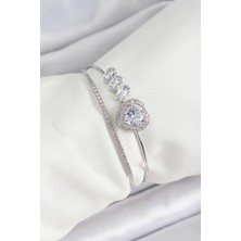 Pirinç Gümüş Renk Kalpli Zirkon Taşlı Kadın Bileklik