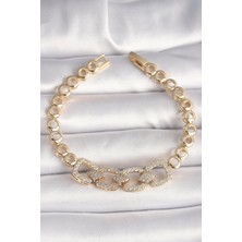 Pirinç Gold Renk Zirkon Taşlı Daire Zincir Model Kadın Bileklik