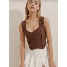 Çizgili Krep Düğmeli Yelek Kahve S3395