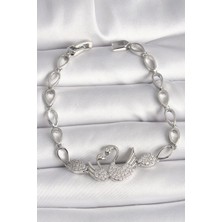 Pirinç Gümüş Renk Zirkon Taşlı Kuğu Figür Damla Zincir Model Kadın Bileklik