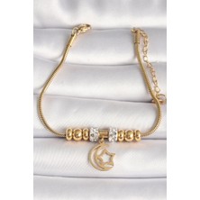 316L Çelik Gold Renk Tüp Zincir Zirkon Taş Detaylı Sallantı Ay Yıldız Figür Kadın Bileklik