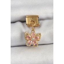 316L Çelik Sallantılı Zirkon Taşlı Çiçek Figürlü Kelebek Model Gold Renk Nomination Charm