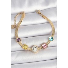 316L Çelik Gold Renk Italyan Zincir Renkli Zirkon Taşlı Kadın Bileklik