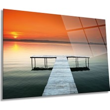 Turuncu Gökyüzün ve Iskele Manzarası Yatay Cam Tablo, Ev ve Ofis Duvar Dekoru, Lüks Hediyelik