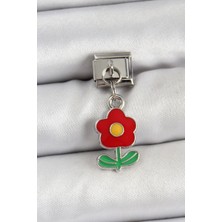 316L Çelik Sallantılı Kırmızı Papatya Model Gümüş Renk Nomination Charm