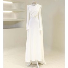 25Y4988 Hennin Abiye Elbise Yaka Inci Taş Detaylı Tek Omuz Pelerinli - Hennin - 25Y4988 - Beyaz - 42