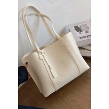 Krem  Kadın Üç Bölmeli Deri Görünümlü Shopper  El Ve Omuz Çanta 269