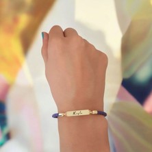 Altın Plakalı 14 Ayar Leyla Ismine Özel Doğal Mor Derili Dikdörtgen Motifli Hediye BILEKLIK-412ISIM