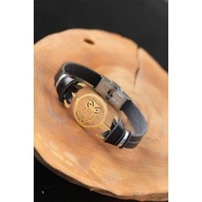 Gold Renk Baykuşlu Metal Aksesuarlı Siyah Renk Deri Erkek Bileklik - EBJ250726W36948