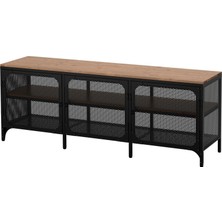 IKEA Fjällbo Tv Sehpası 150 x 54 cm Siyah Çelik ve Masif Çam Kumanda Sinyallerini Geçirir Metal Kafesli Depolamalı