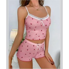 Lily Pembe Çilek Desenli Dantelli Vintage %100 Pamuk Ince Askılı Büstiyer Şort Takım
