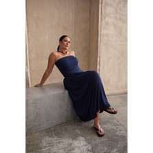 Rush Straplez Maxi Elbise Lacivert