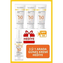 Dermaderm 3 Adet Spf 50+ Güneş Koruma Vitaminli Yüz ve Vücut Güneş Kremi 3 x 100ML ve 1 Adet Yüksek Koruma Leke Karşıtı Güneş Kremi