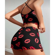 Lily Pembe Siyah Pembe Öpücük Desenli %100 Pamuk Ince Askılı Büstiyer Şort Takım