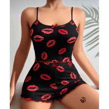 Lily Pembe Siyah Pembe Öpücük Desenli %100 Pamuk Ince Askılı Büstiyer Şort Takım