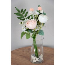 Yapay Çiçek Kaliteli Karanfil Şakayık Gül Buketi 40 cm Pudra-Beyaz